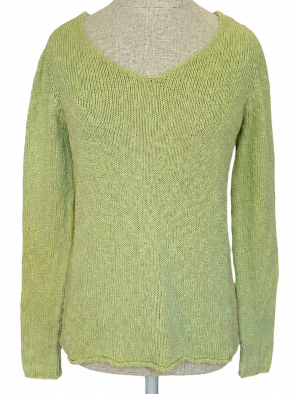 Eileen Fisher System Lime Green Open Knit Cotton Sweater Lightweight V Neck XS